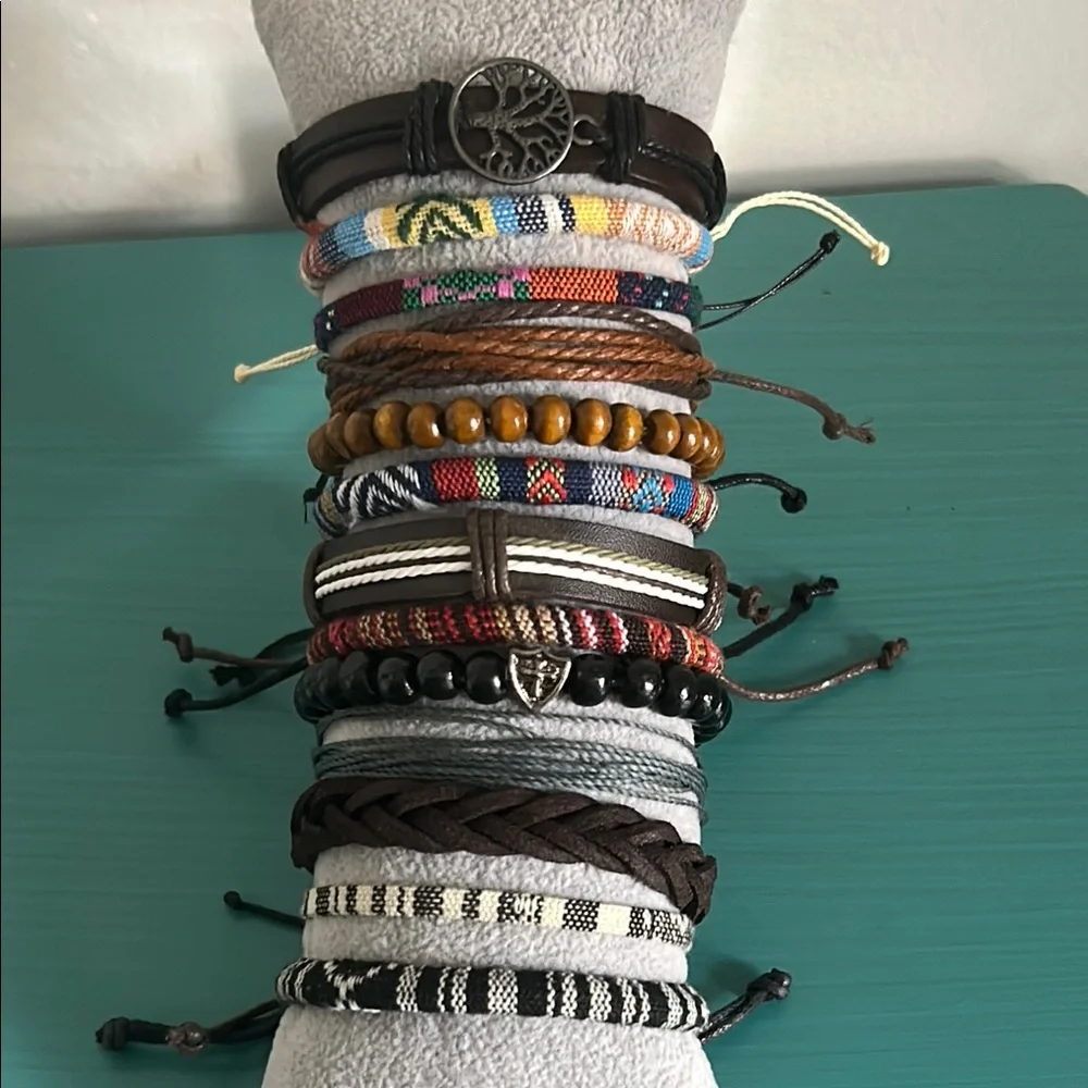 Multicolor Wood Bead Woven Vegan Leather Charm Bohemian Bracelets 13 Piece Set